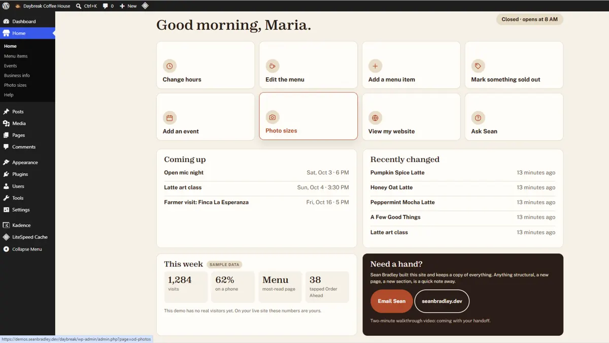 The Daybreak owner dashboard inside WordPress: the usual admin sidebar on the left, and on the right a greeting, an open-or-closed badge and eight big buttons