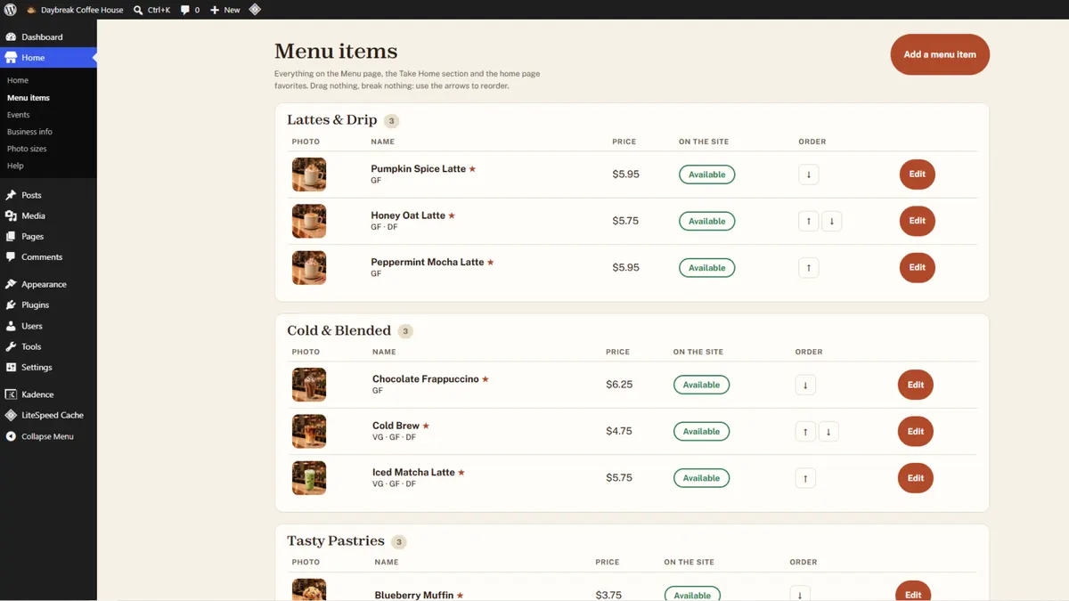 The Daybreak menu items screen inside WordPress, one row per item with photo, price, an available switch and reorder arrows