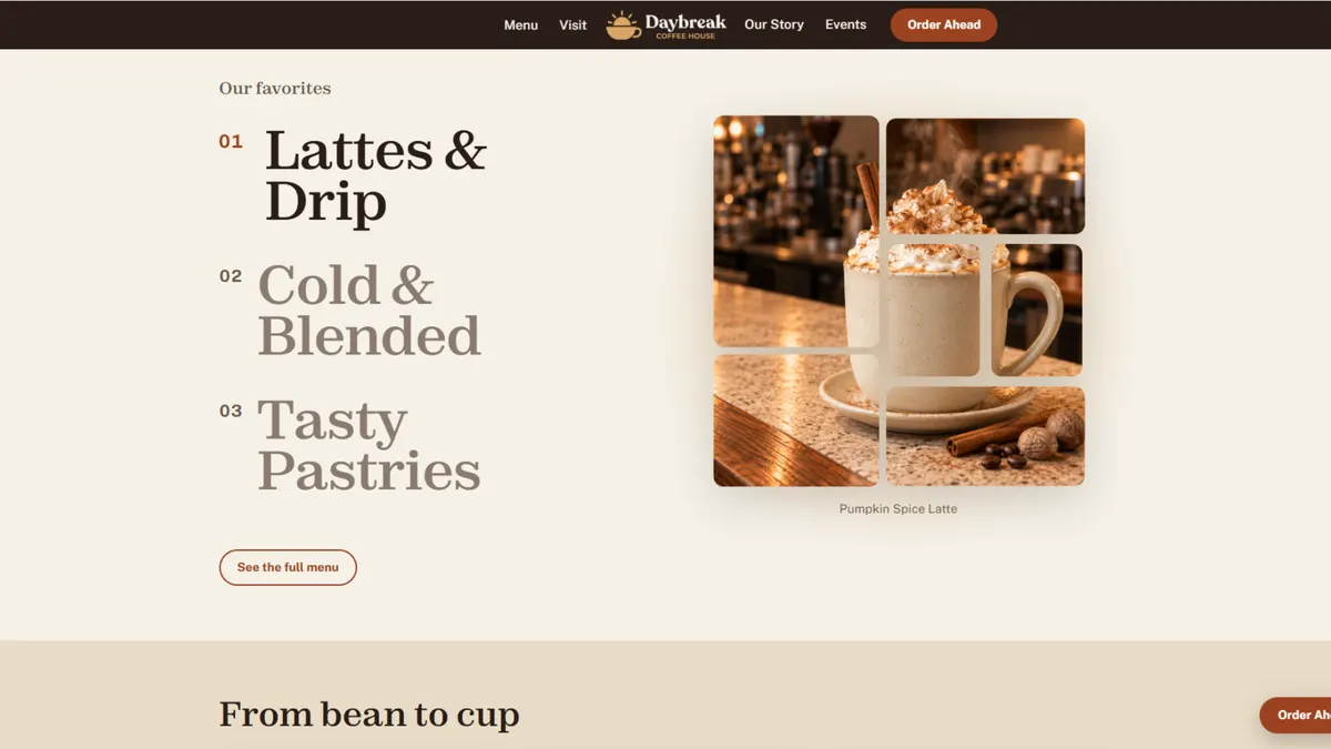 The Daybreak favorites section, with the three menu categories and a photo that changes