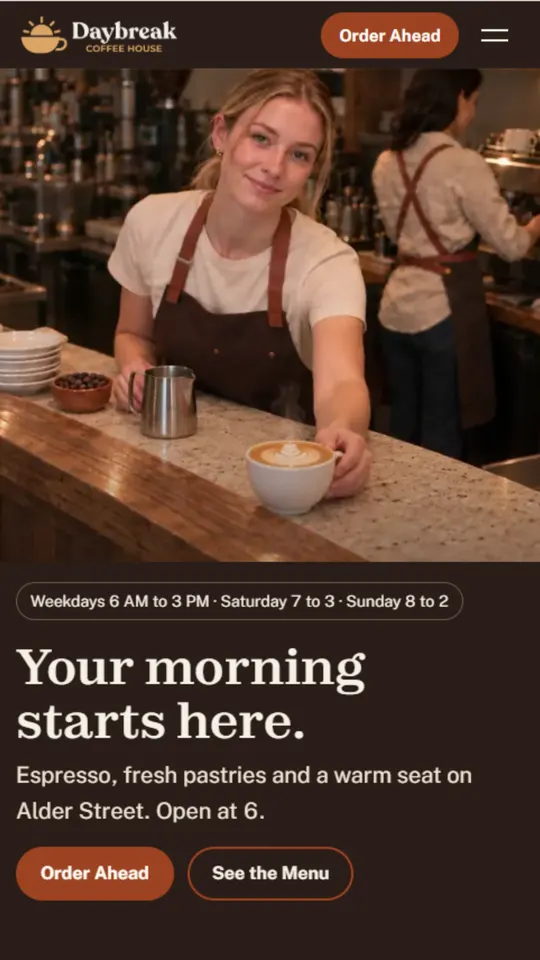 The Daybreak menu page on a phone