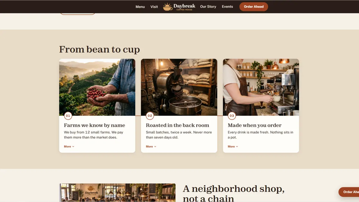The Daybreak bean-to-cup section, three cards that open on hover