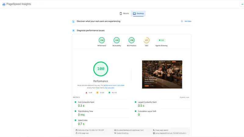 Google PageSpeed Insights for the Daybreak home page on desktop: 100 performance, 100 accessibility, 100 best practices, 69 SEO, agentic browsing 3 of 3