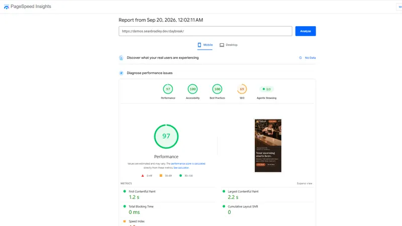 Google PageSpeed Insights for the Daybreak home page on mobile: 97 performance, 100 accessibility, 100 best practices, 69 SEO, agentic browsing 3 of 3