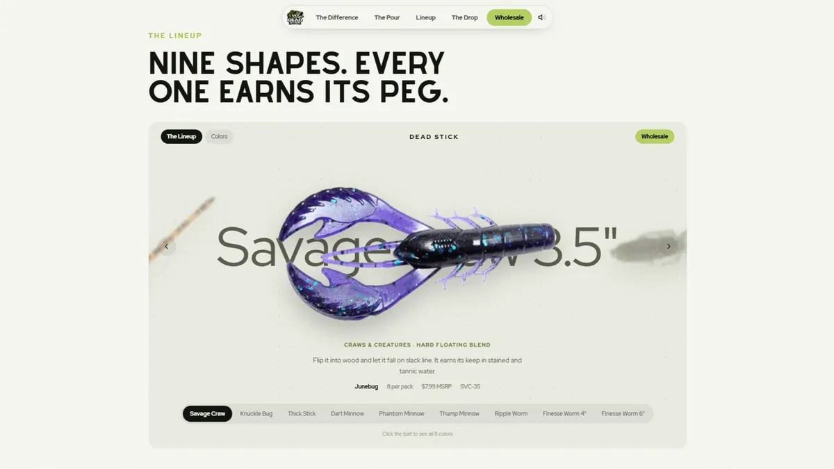 The Dead Stick Baits lineup carousel, showing the Savage Craw in Junebug