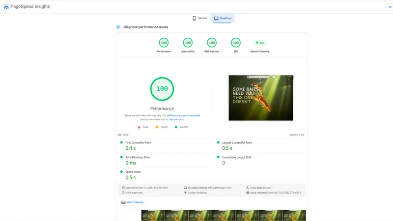 Google PageSpeed Insights showing 100 for performance, accessibility, best practices and SEO on desktop for deadstickbaits.com